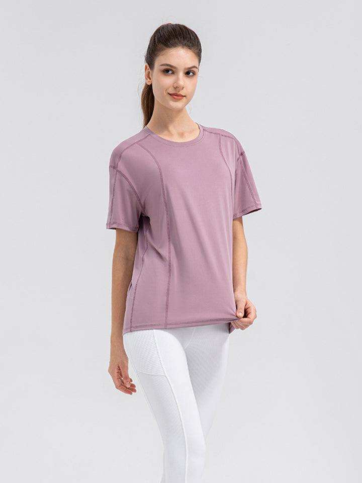 Round Neck Short Sleeve Active Top - Trendsi - Flyclothing LLC