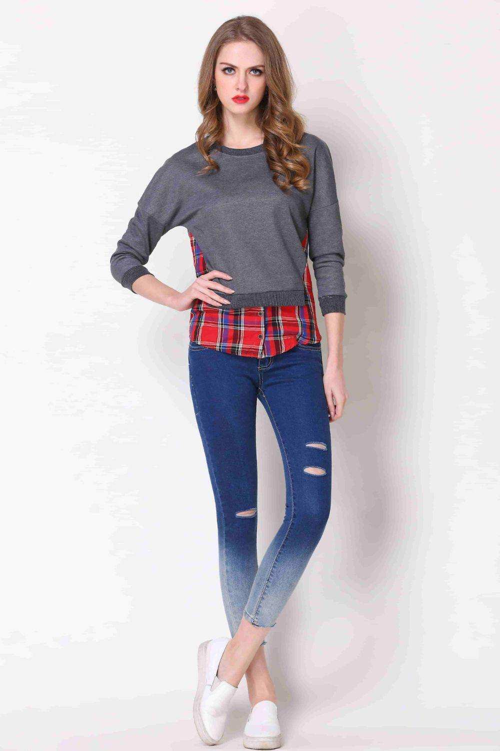 Full Size Plaid Patch Drop Shoulder Round Neck Top - Trendsi - Flyclothing LLC