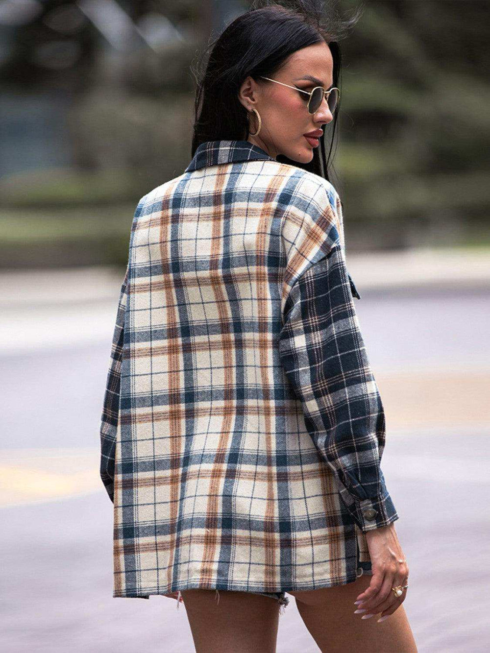 Plaid Dropped Shoulder Shacket - Trendsi - Flyclothing LLC