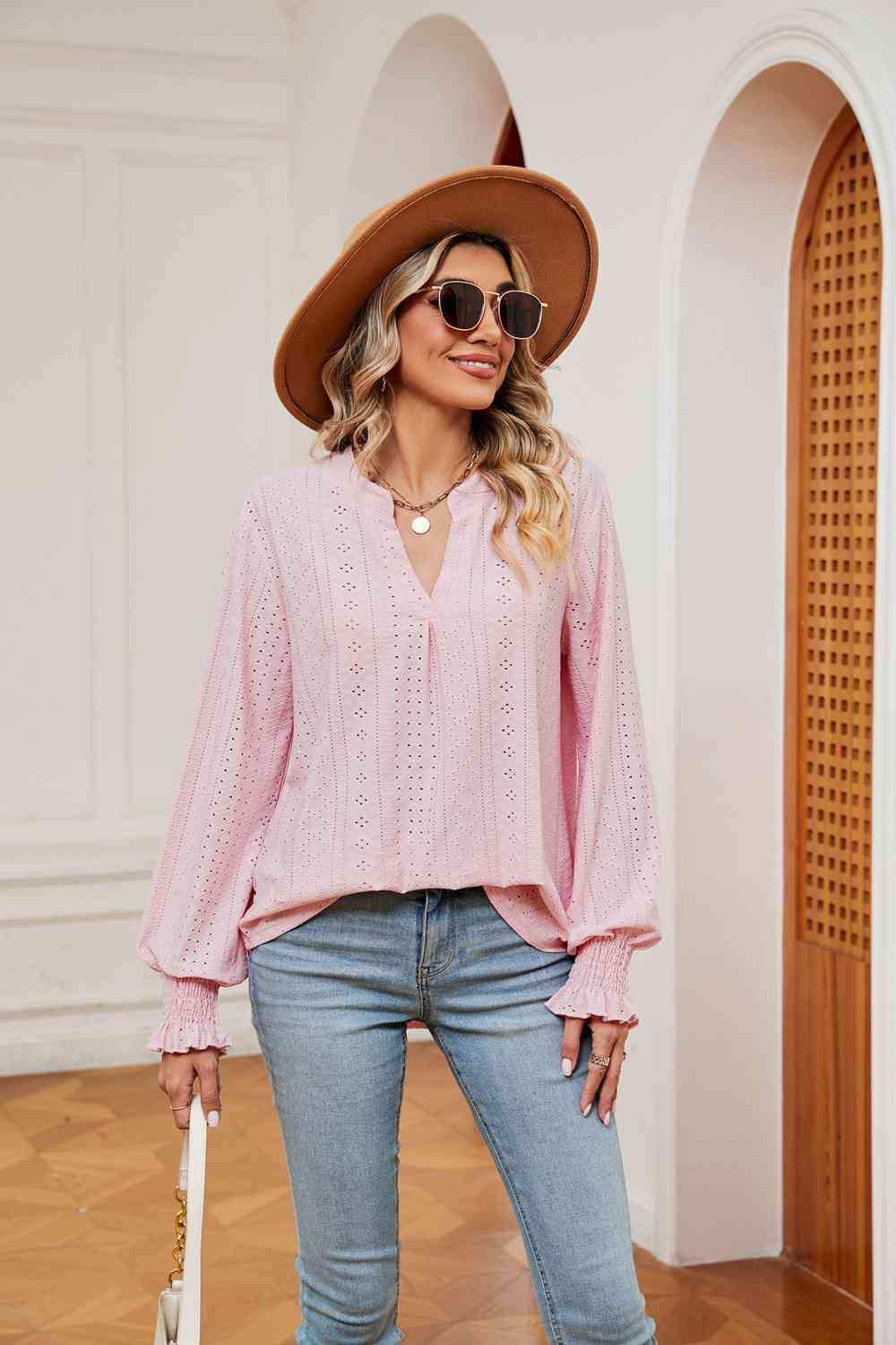 Notched Neck Flounce Sleeve Blouse - Trendsi - Flyclothing LLC