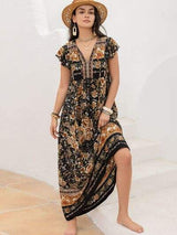 Ruffled Printed Tie Neck Cap Sleeve Dress - Trendsi - Flyclothing LLC