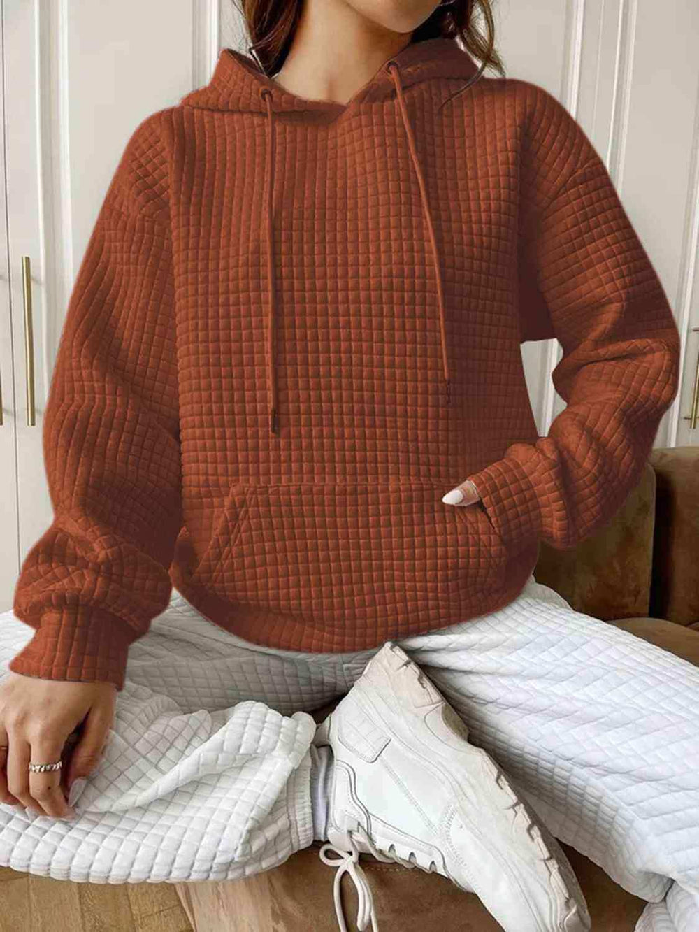 Textured Drawstring Drop Shoulder Hoodie - Trendsi - Flyclothing LLC