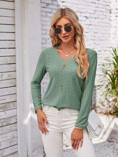 Decorative Button Openwork V-Neck T-Shirt - Trendsi - Flyclothing LLC