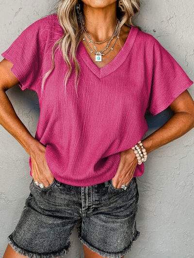 Textured V-Neck Short Sleeve T-Shirt - Trendsi - Flyclothing LLC