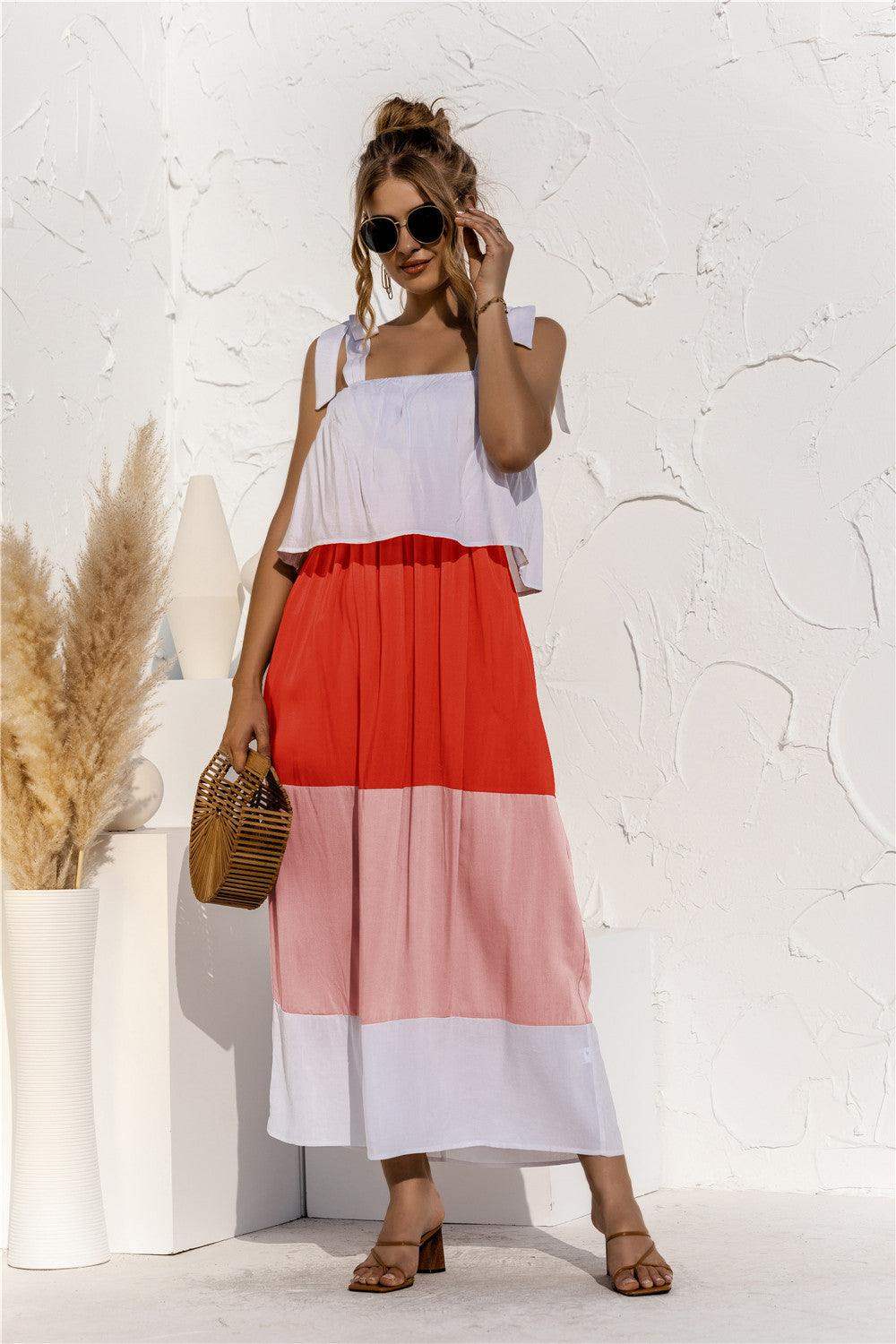 Color Block Tie Shoulder Tiered Sleeveless Dress - Trendsi - Flyclothing LLC