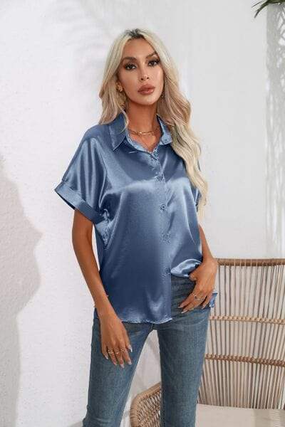 Collared Neck Short Sleeve Shirt - Trendsi - Flyclothing LLC