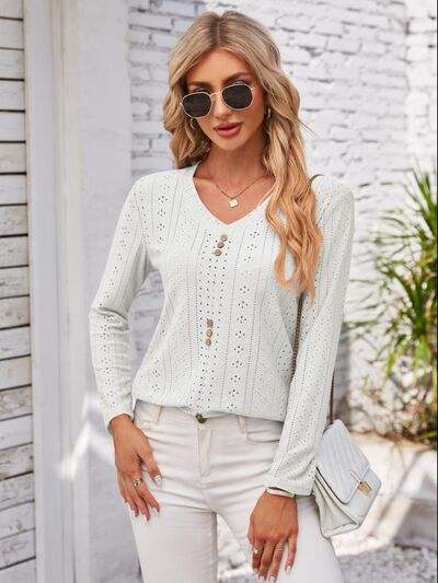 Decorative Button Openwork V-Neck T-Shirt - Trendsi - Flyclothing LLC