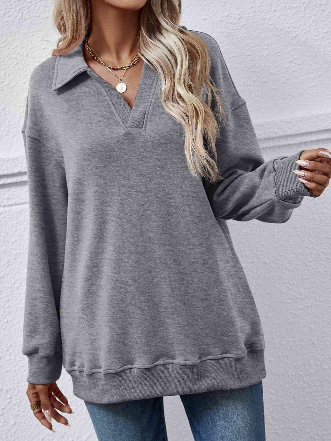 Collared Neck Dropped Shoulder Sweatshirt - Trendsi