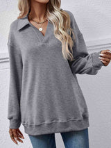 Collared Neck Dropped Shoulder Sweatshirt - Trendsi - Flyclothing LLC