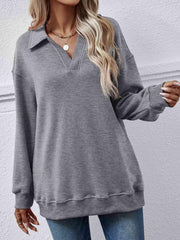 Collared Neck Dropped Shoulder Sweatshirt - Trendsi