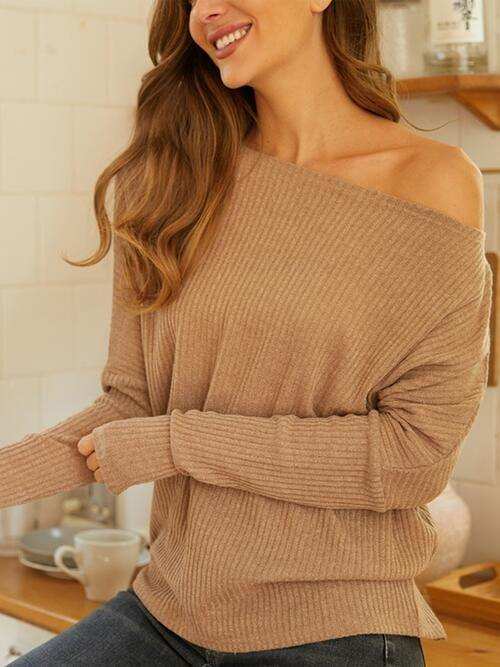Ribbed Round Neck Long Sleeve Knit Top - Trendsi - Flyclothing LLC