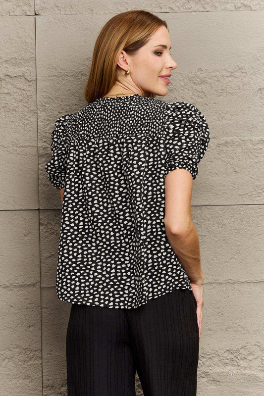 Printed Round Neck Puff Sleeve Blouse - Trendsi - Flyclothing LLC