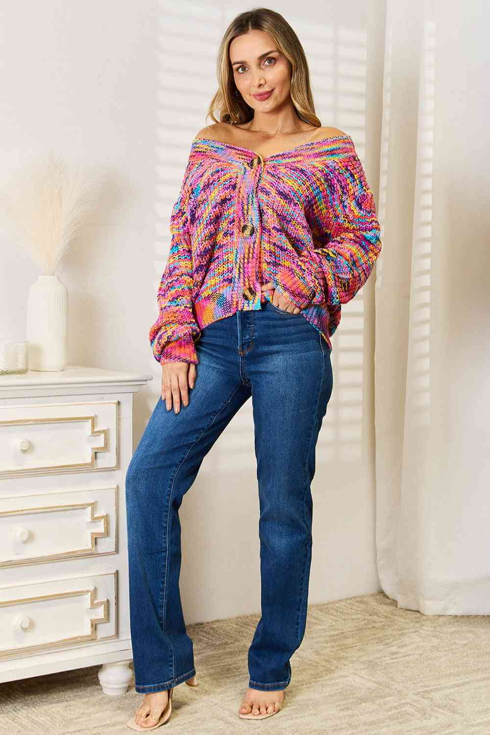 Woven Right V-Neck Long Sleeve Cardigan - Trendsi - Flyclothing LLC