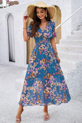 Smocked Floral V-Neck Short Sleeve Dress - Trendsi - Flyclothing LLC