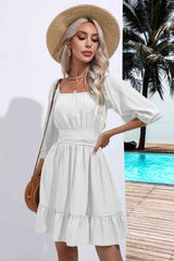 Square Neck Tie Back Ruffle Hem Dress - Trendsi - Flyclothing LLC