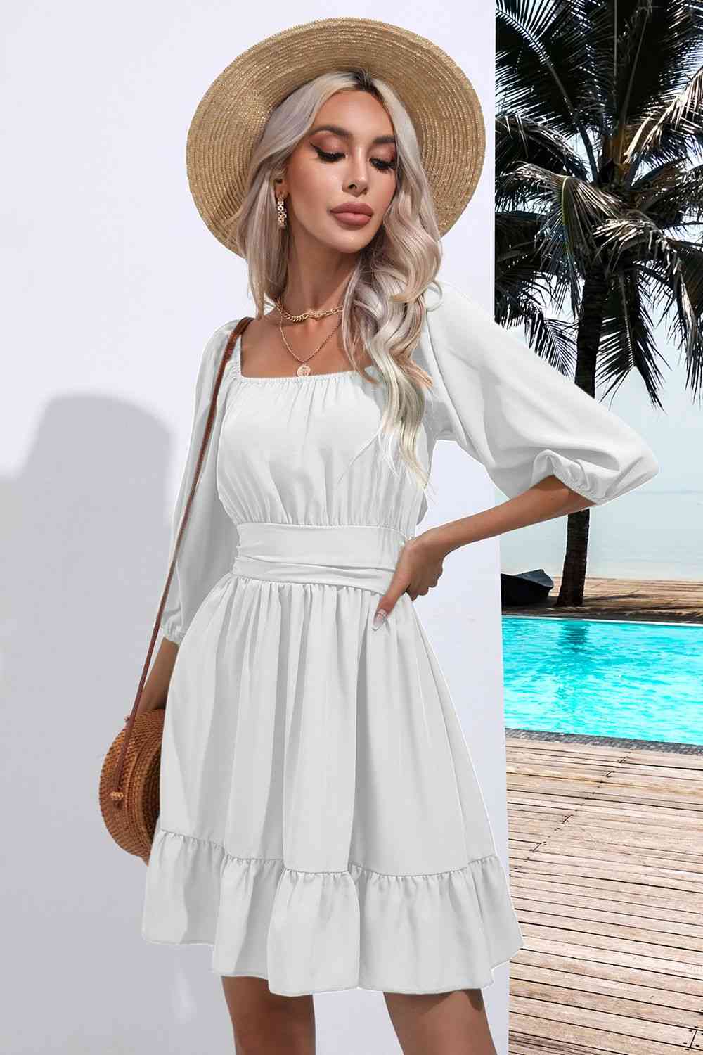 Square Neck Tie Back Ruffle Hem Dress - Trendsi - Flyclothing LLC