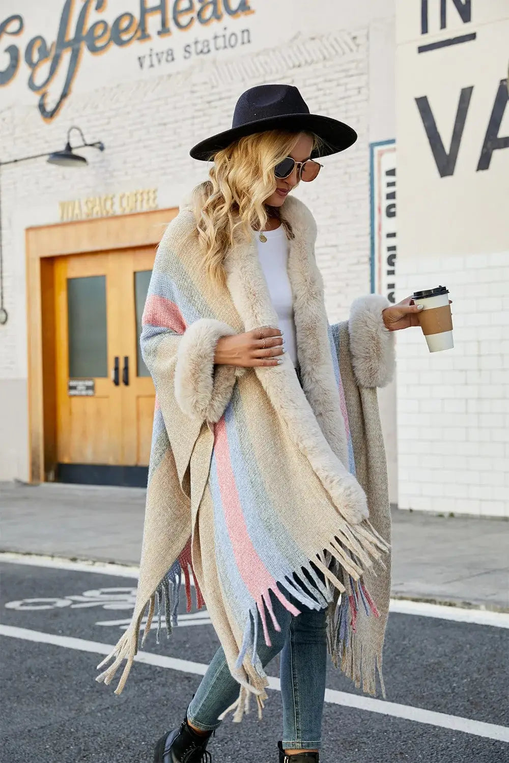 Color Block Fringe Detail Poncho - Trendsi - Flyclothing LLC