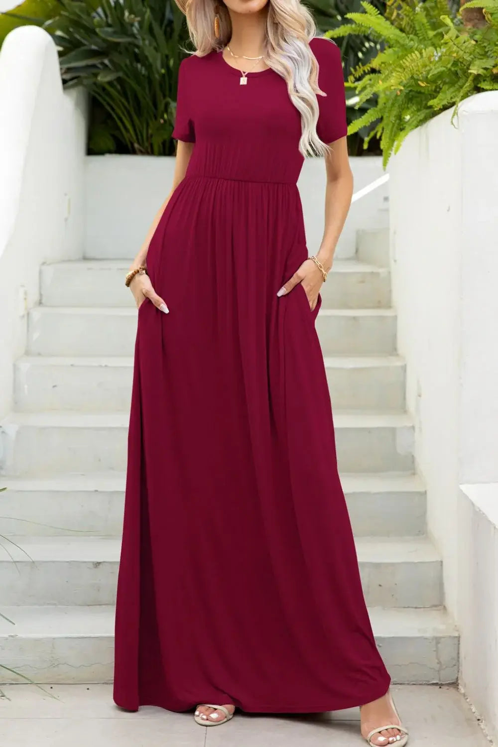 Round Neck Maxi Tee Dress with Pockets - Trendsi - Flyclothing LLC