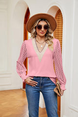 Contrast V-Neck Long Sleeve Blouse - Trendsi