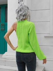 Cable-Knit Round Neck Asymmetrical Sweater - Trendsi