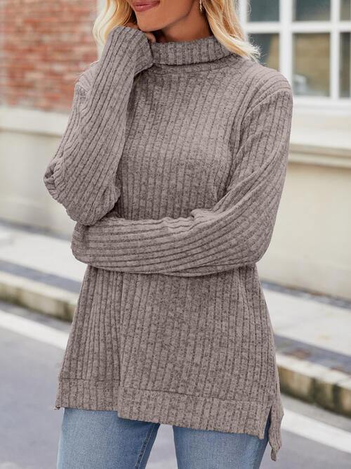 Ribbed Turtleneck Long Sleeve Slit Knit Top - Trendsi