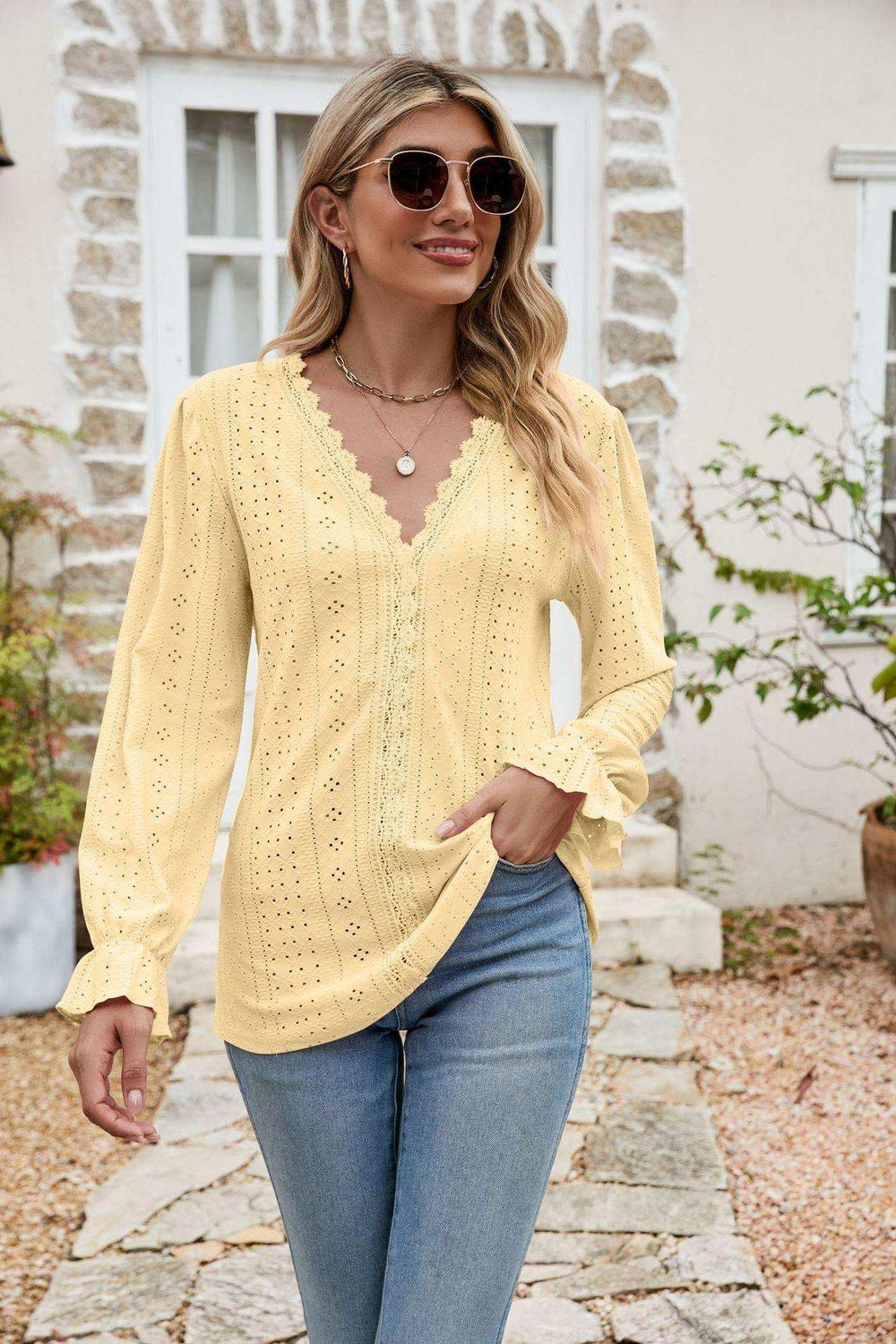 Eyelet Lace Trim Flounce Sleeve Blouse - Trendsi - Flyclothing LLC