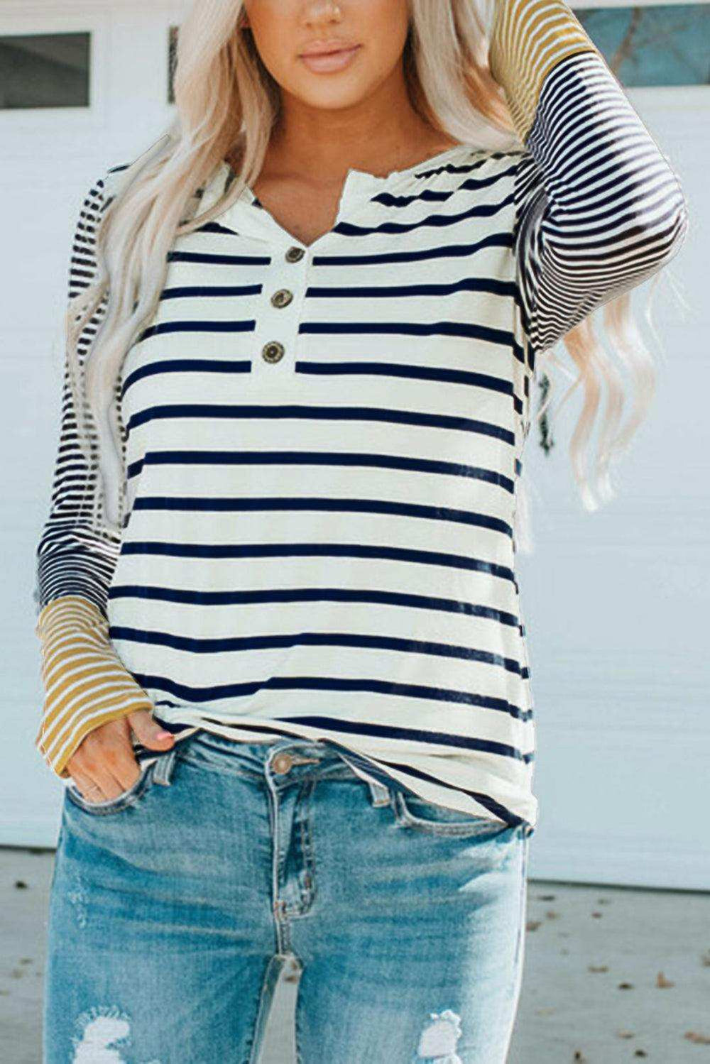 Striped Buttoned Long Sleeve Top - Trendsi - Flyclothing LLC