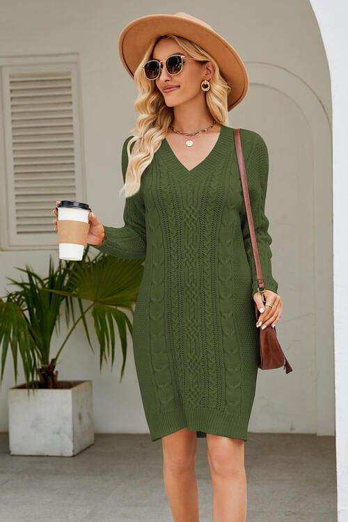Cable-Knit Long Sleeve Sweater Dress - Trendsi - Flyclothing LLC