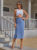 Button Down Denim Skirt - Trendsi