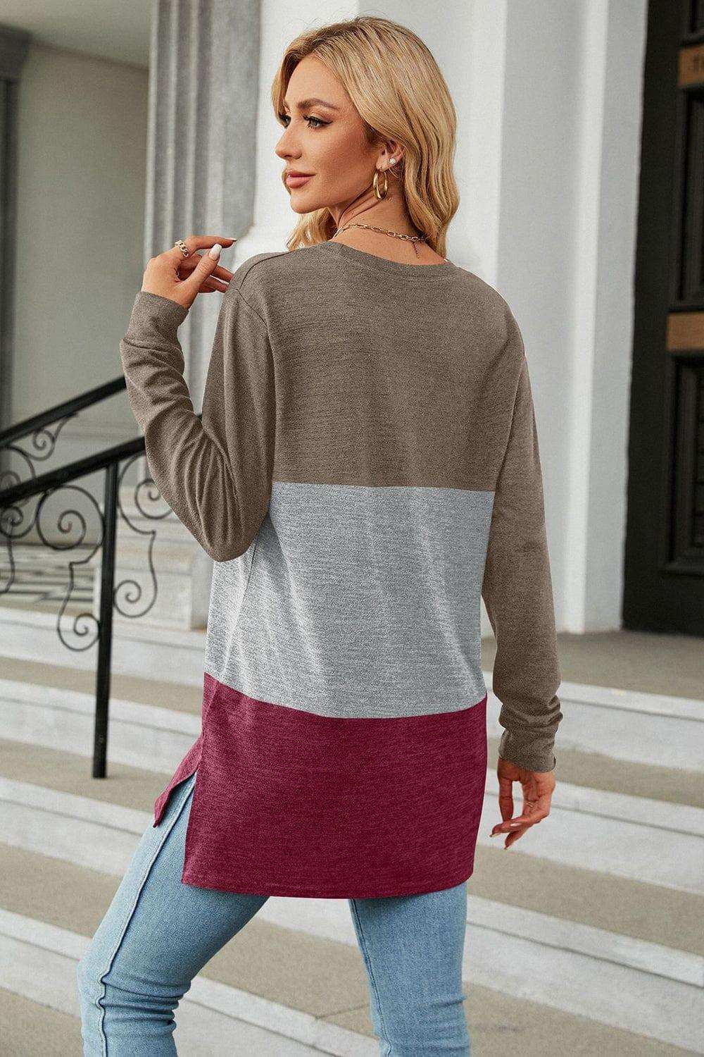 Color Block Round Neck Long Sleeve Slit T-Shirt - Trendsi - Flyclothing LLC