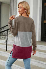 Color Block Round Neck Long Sleeve Slit T-Shirt - Trendsi