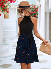 Two-Tone Belted Sleeveless Grecian Neck Dress - Flyclothing LLC