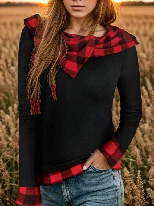 Plaid Long Sleeve Hooded Blouse - Trendsi - Flyclothing LLC