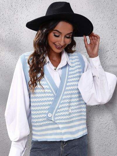 Striped Button Up V-Neck Sweater Vest - Trendsi - Flyclothing LLC