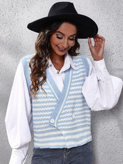 Striped Button Up V-Neck Sweater Vest - Flyclothing LLC