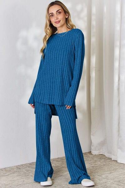 Basic Bae Full Size Ribbed High-Low Top and Wide Leg Pants Set - Trendsi