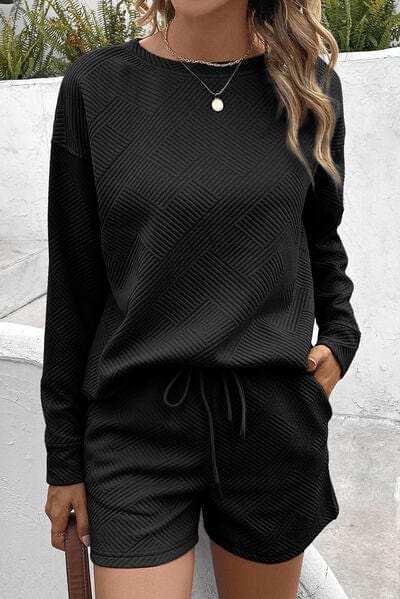 Round Neck Dropped Shoulder Top and Shorts Set - Trendsi - Flyclothing LLC