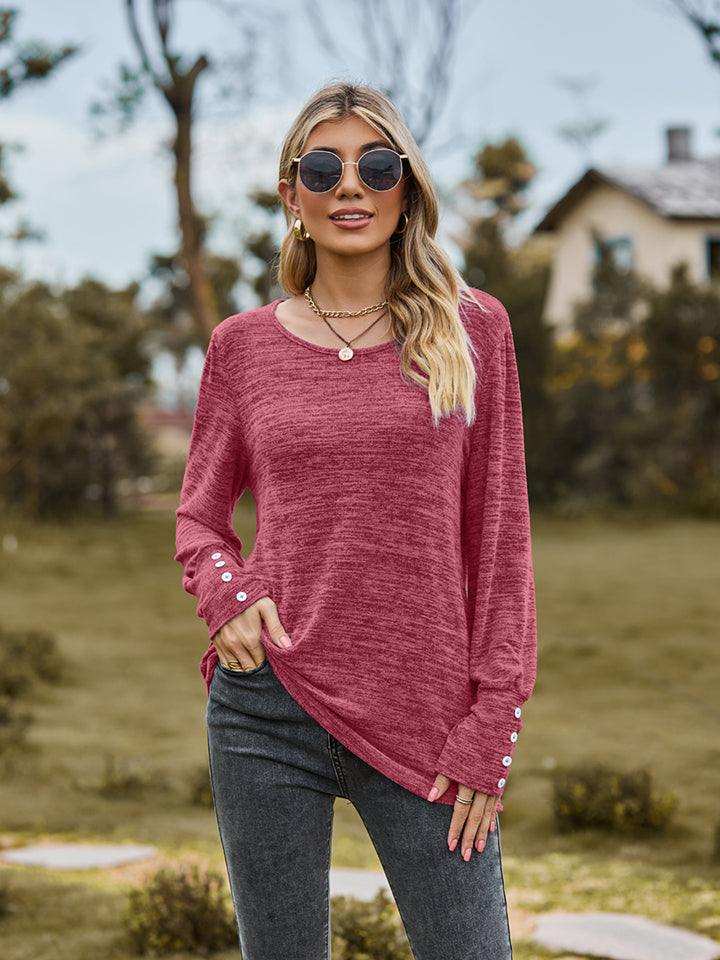 Round Neck Long Sleeve Buttoned T-Shirt - Trendsi - Flyclothing LLC