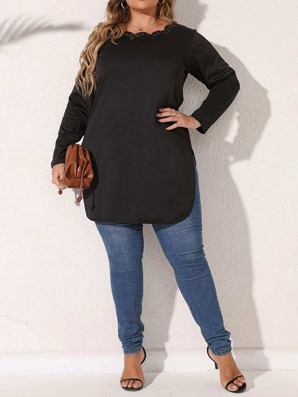 Plus Size Slit Long Sleeve T-Shirt - Trendsi - Flyclothing LLC