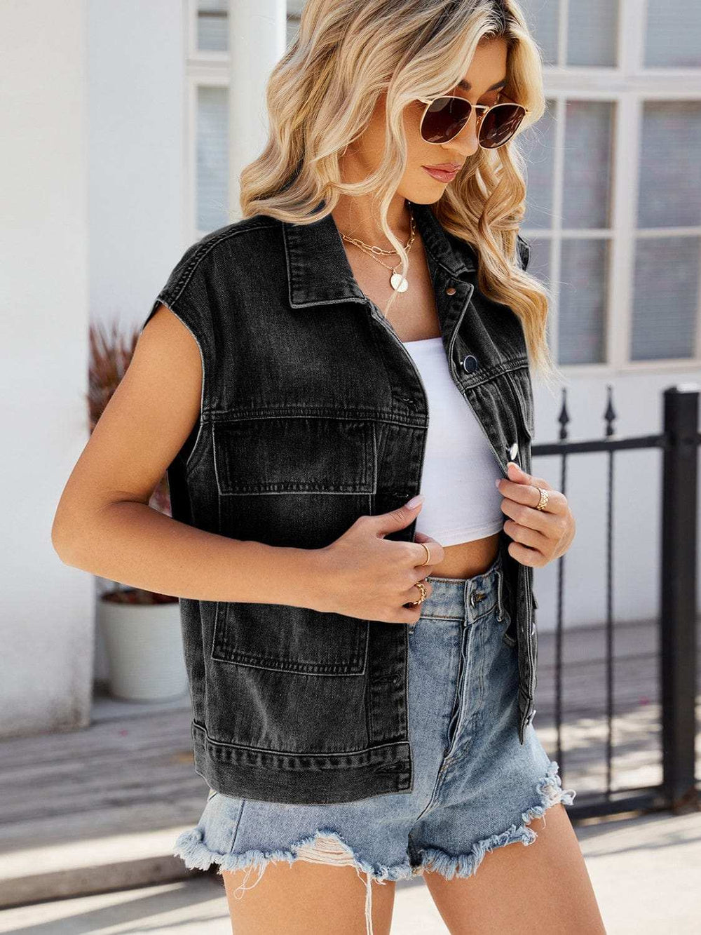Pocketed Button Up Sleeveless Denim Jacket - Trendsi - Flyclothing LLC
