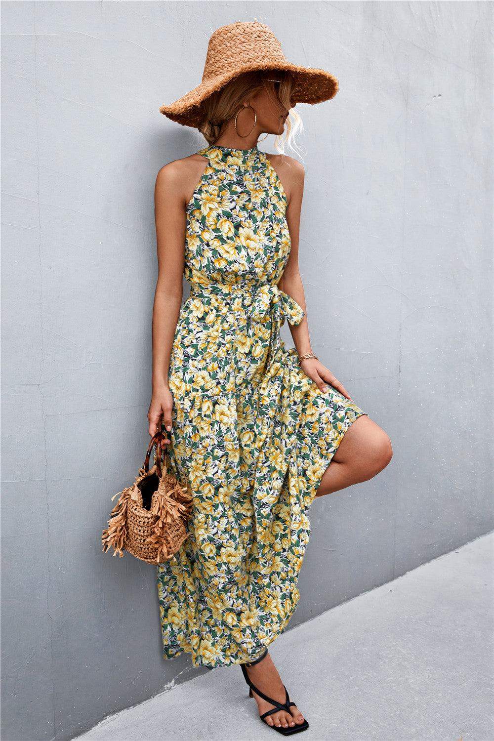 Printed Sleeveless Tie Waist Maxi Dress - Trendsi - Flyclothing LLC