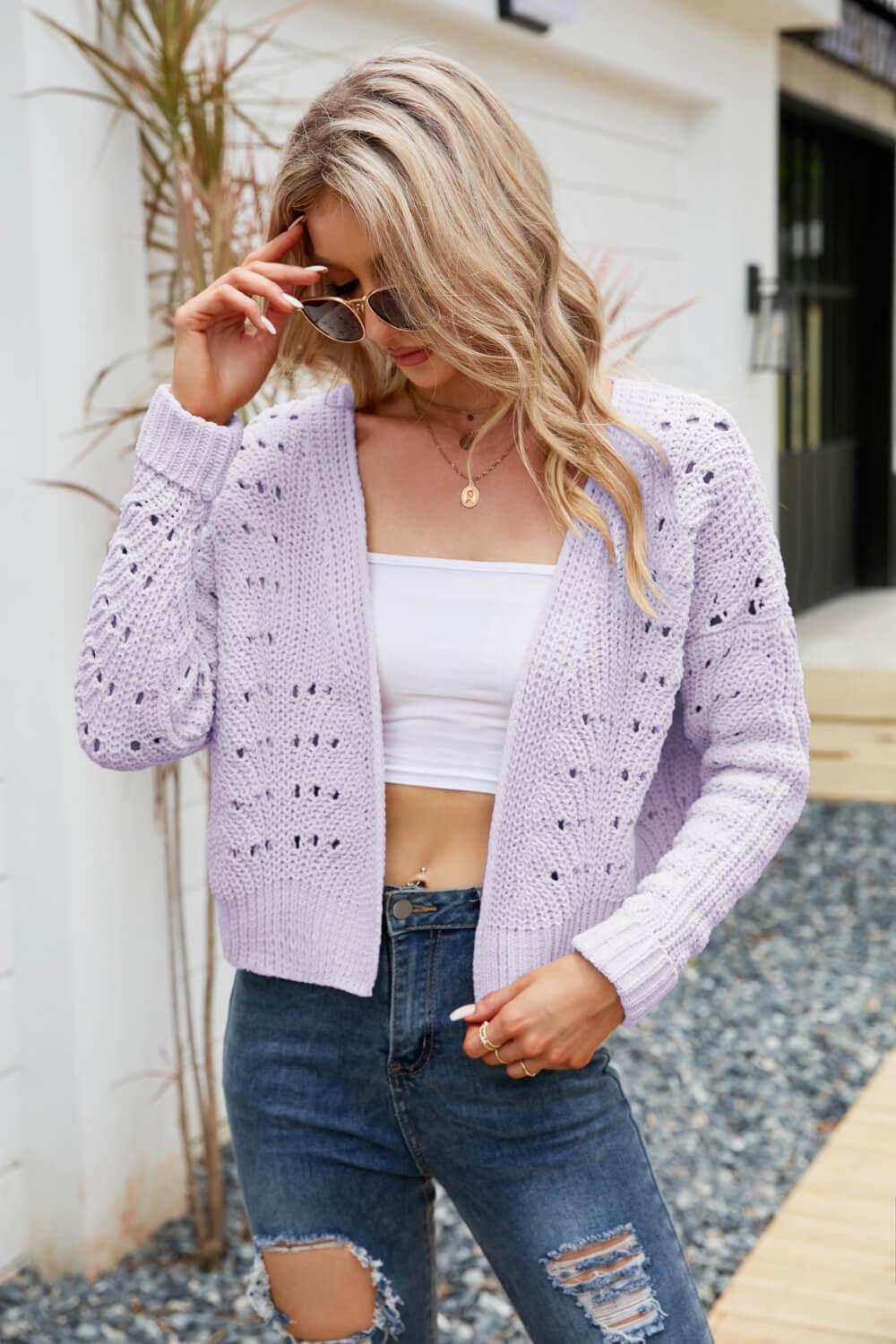Open Front Cuffed Cropped Cardigan - Trendsi - Flyclothing LLC