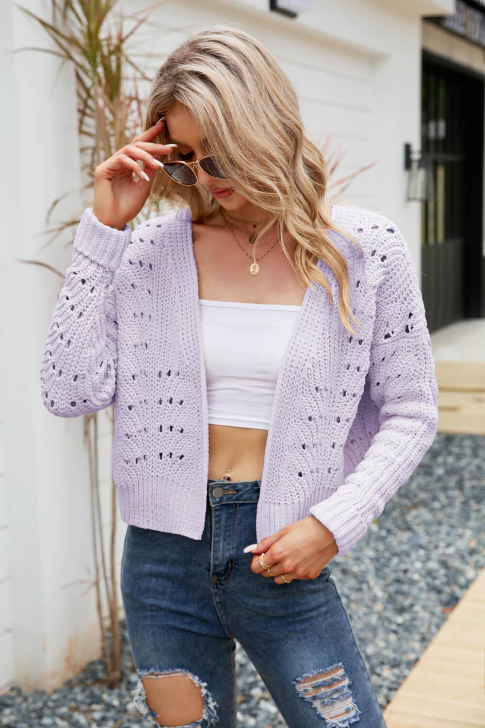 Open Front Cuffed Cropped Cardigan - Trendsi
