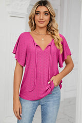 Eyelet Tie Neck Flutter Sleeve Blouse - Trendsi - Flyclothing LLC