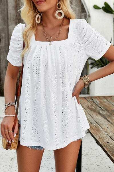 Eyelet Square Neck Puff Sleeve T-Shirt - Trendsi - Flyclothing LLC