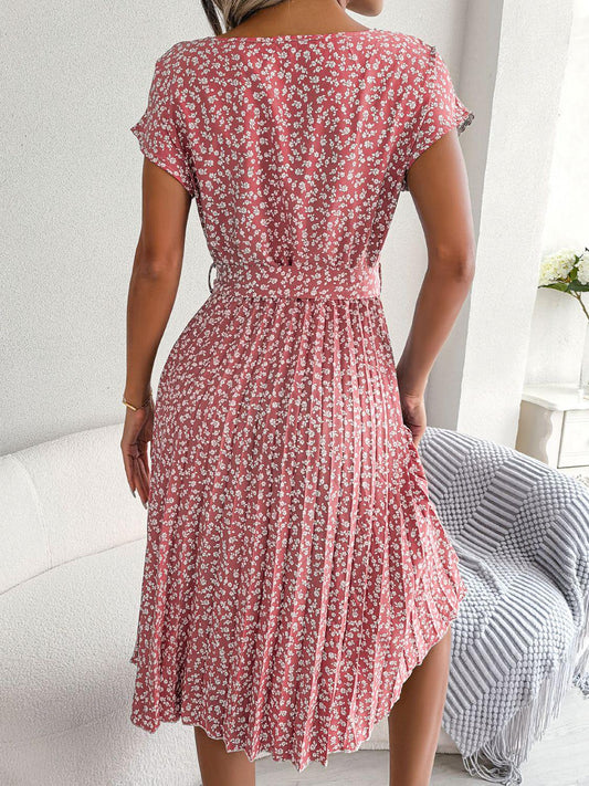 Ditsy Floral Pleated Belted Dress - Trendsi