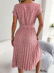Ditsy Floral Pleated Belted Dress - Trendsi