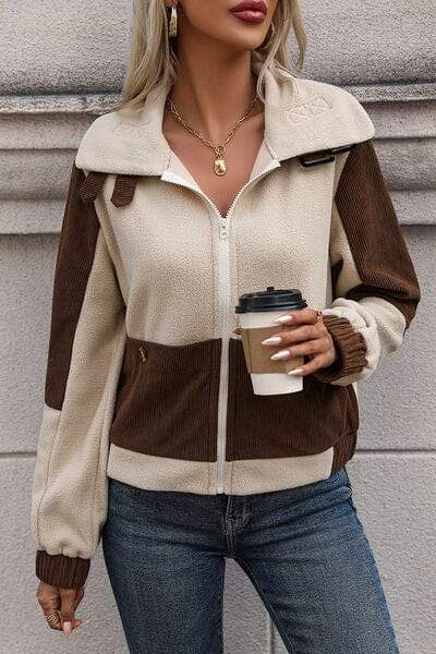 Color Block Zip Up Pocketed Jacket - Trendsi - Flyclothing LLC