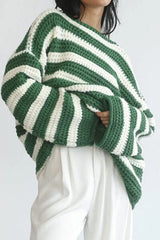 Striped Round Neck Dropped Shoulder Sweater - Flyclothing LLC