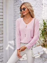Decorative Button Openwork V-Neck T-Shirt - Trendsi - Flyclothing LLC